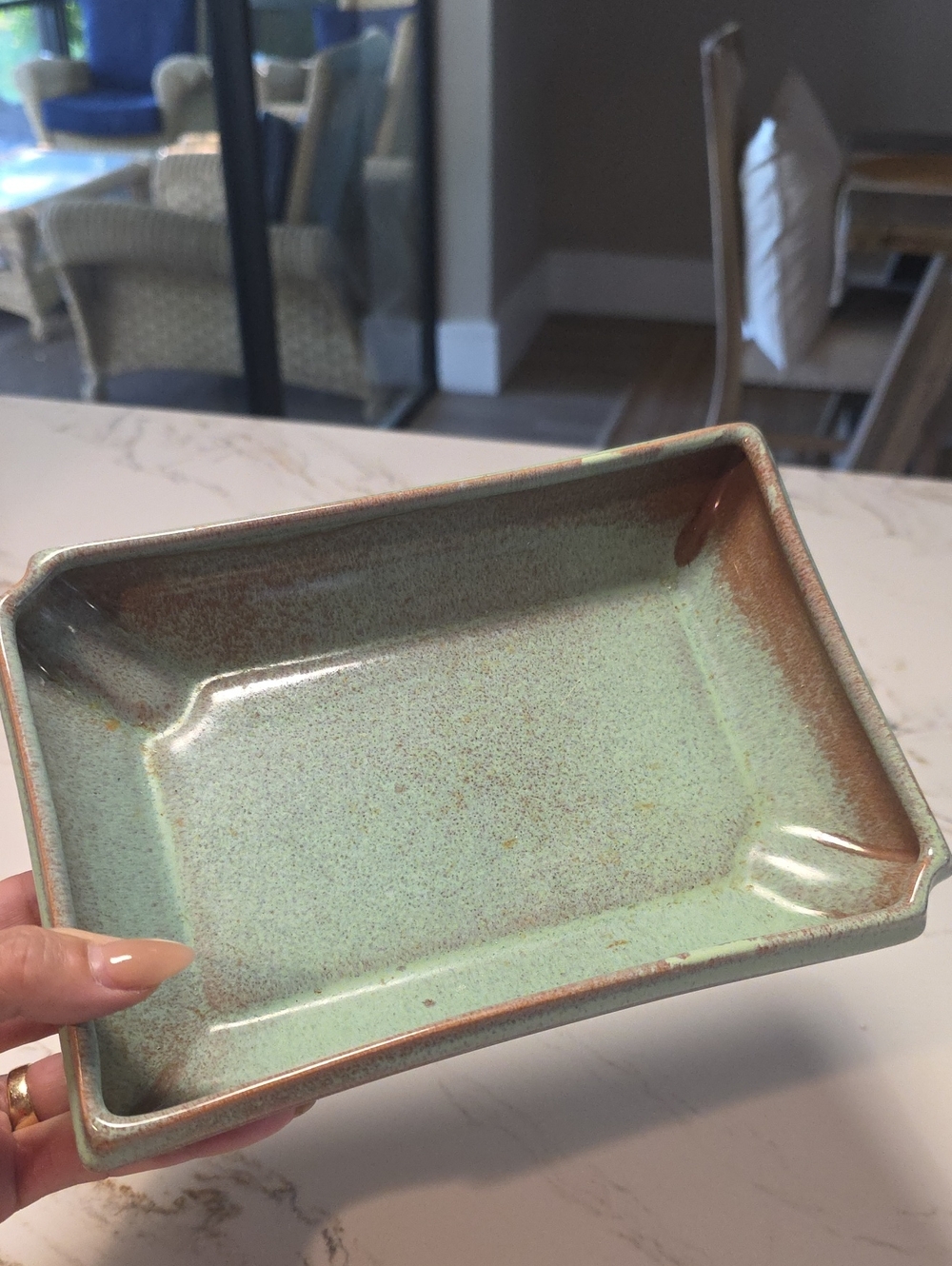 Vtg Frankoma Rectangular Dish Mint Green Rustic Brown Edge MCM